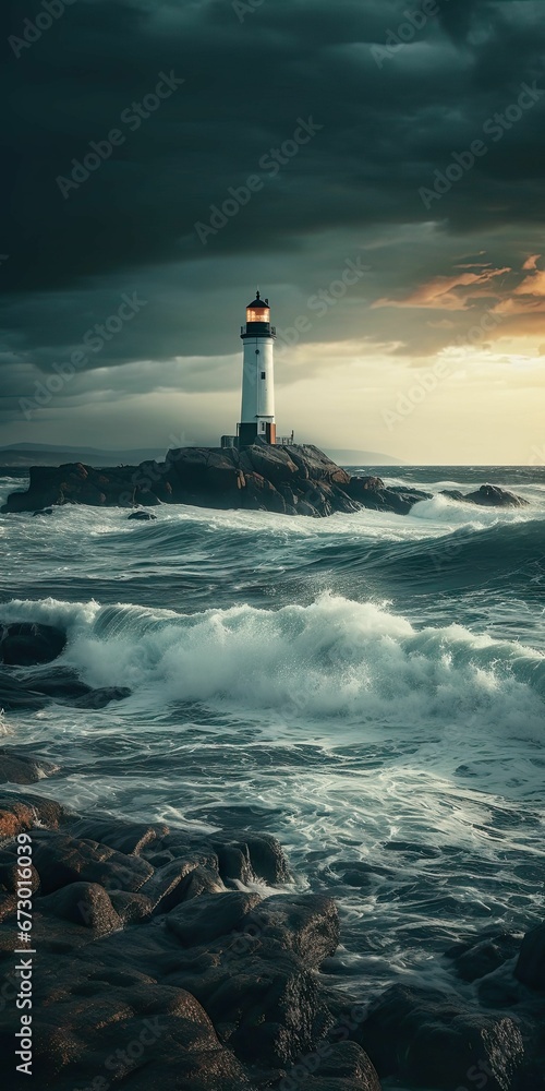 AI generated illustration of a lighthouse on a rocky outcrop, against the backdrop of a dramatic sky