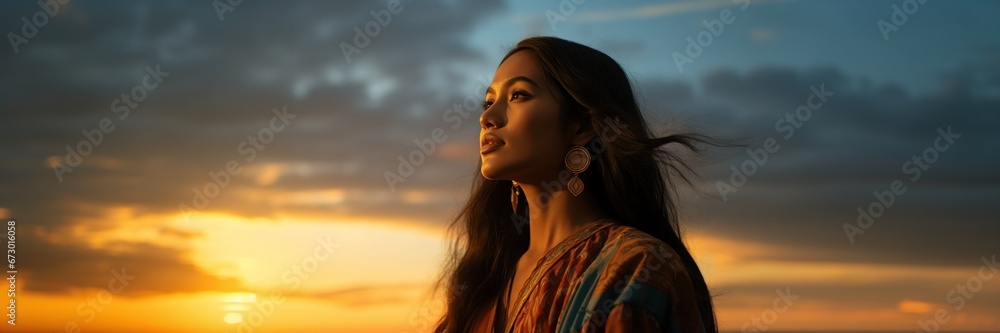 Hispanic woman looking at sunset sky