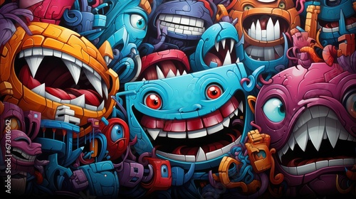 AI generated illustration of a mural with a variety of colorful cartoon-style monsters