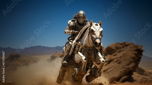 AI generated illustration of a robotic cowboy riding a cybernetic horse in a vast desert landscape