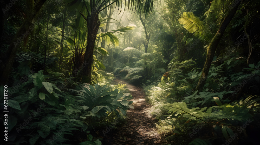Winding path through the mysterious jungle, tall trees, dappled sunlight. Exploration and uncovering the rainforest's hidden wonders.