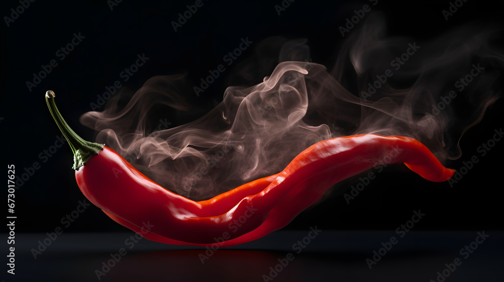 Smoky, very spicy red chili pepper on a black background. Close-up. Fiery and vibrant. - obrazy, fototapety, plakaty 