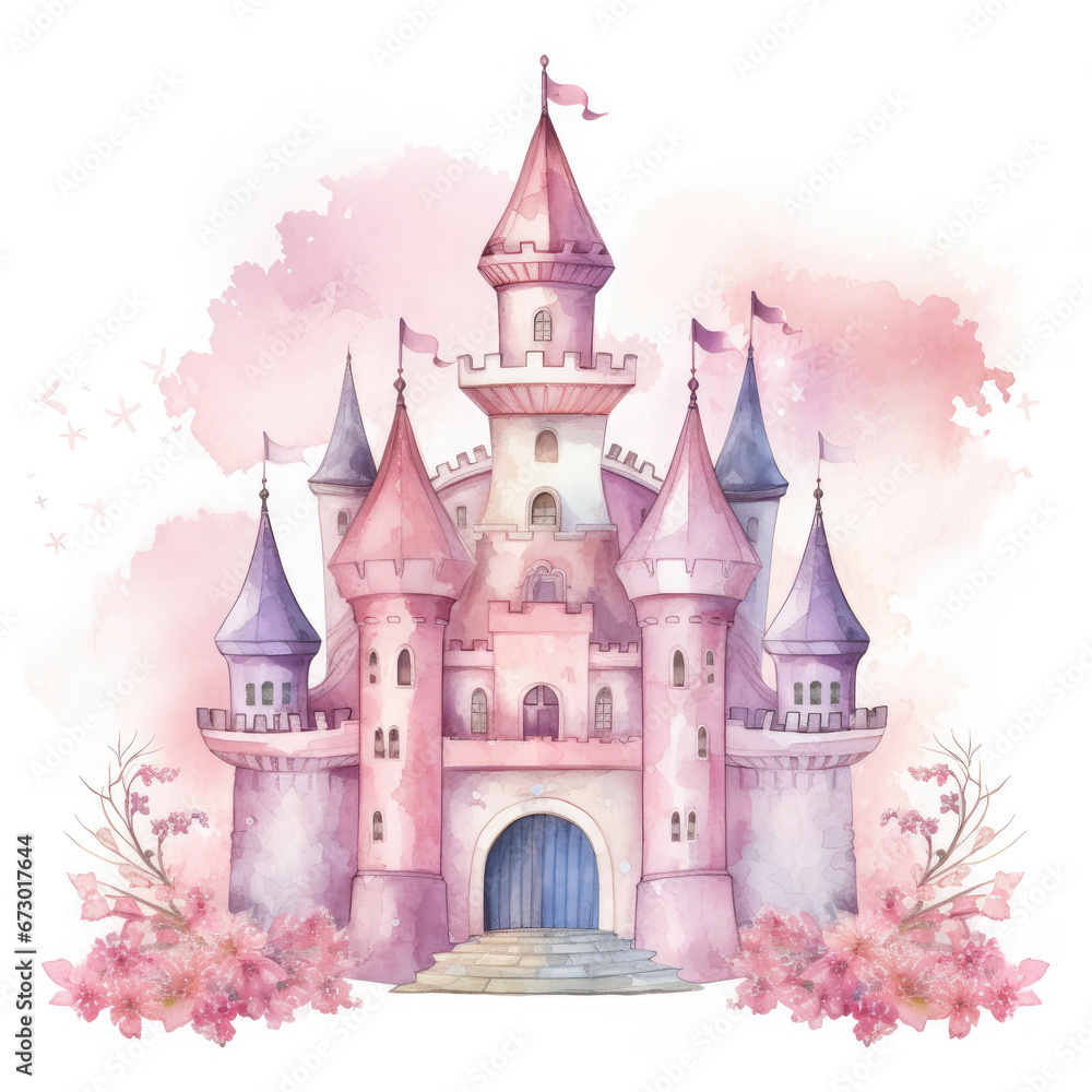 Cute watercolor princess castle Illustration, Generative Ai