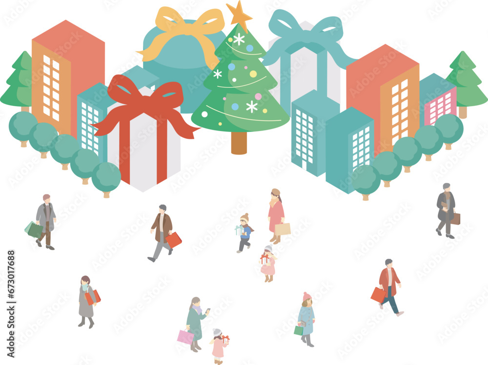 Fototapeta premium アイソメトリック 冬 クリスマス 人物 街並み ファミリー キッズ シンプル イラスト素材