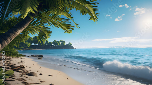 Tropical beach scene with golden sand, clear blue waters, palm trees under a sunny sky. Gentle sea waves and warm sunlight.