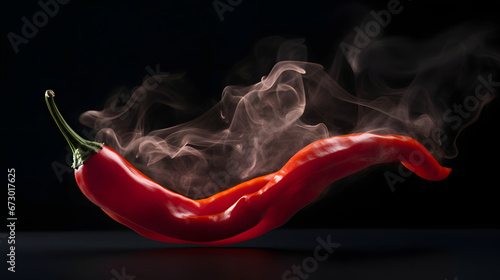 Smoky, very spicy red chili pepper on a black background. Close-up. Fiery and vibrant. photo