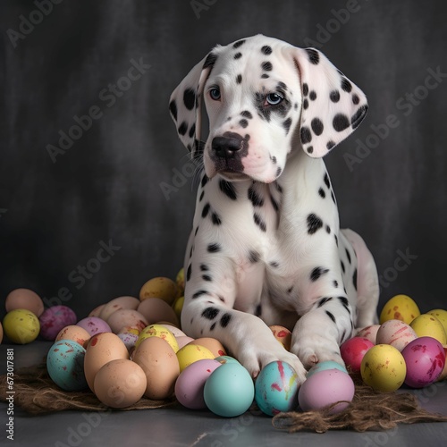 AI generated illustration of an adorable Dalmatian puppy surrounded by Easter eggs © Wirestock