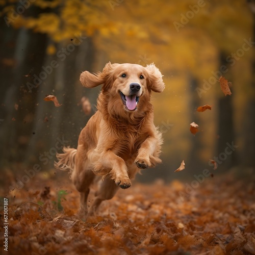AI generated illustration of an adorable Golden Retriever dog running in an autumn park