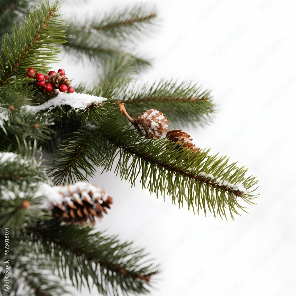 AI generated illustration of pine tree branches with pinecones and snow on a white background AI generated illustration of pine tree branches with pinecones and snow on a white background