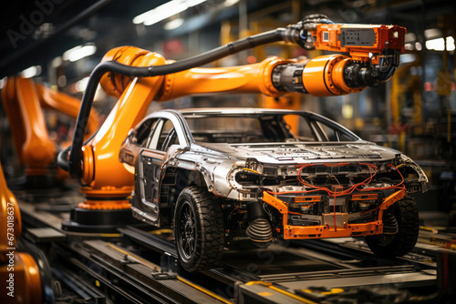 An orange robotic arm meticulously assembling a car on an industrial factory production line.