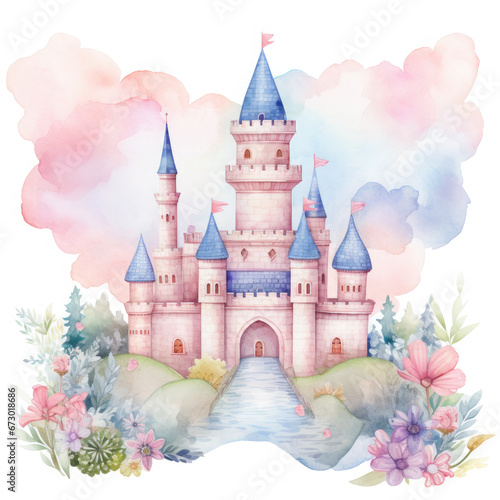 Cute watercolor princess castle Illustration, Generative Ai