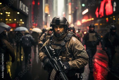 A focused soldier in tactical gear stands ready on a rain-drenched city street during a night-time urban patrol.