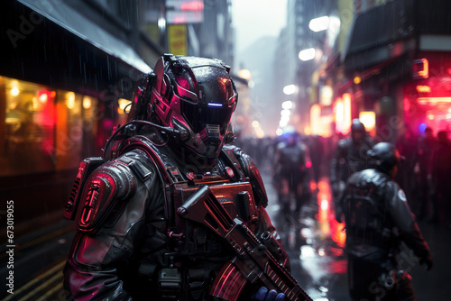 A cybernetic soldier patrols a neon-lit rainy urban street at night, showcasing a high-tech futuristic cityscape.