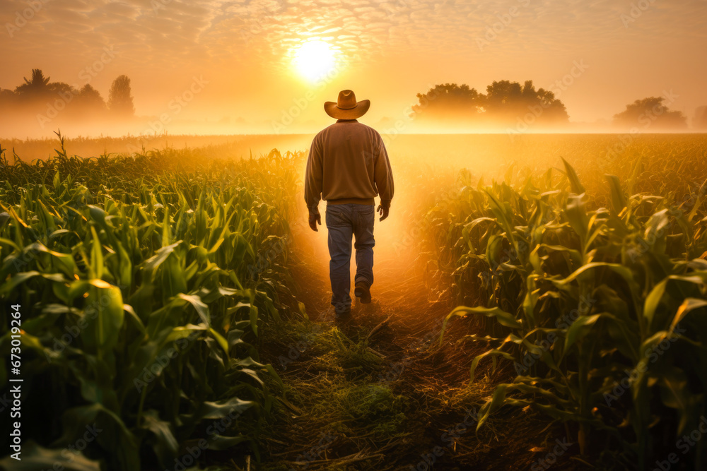 Fototapeta premium Rear view of a farmer at dawn while walking through a dew-kissed corn field towards distant grain silos, depicting rural life and agriculture