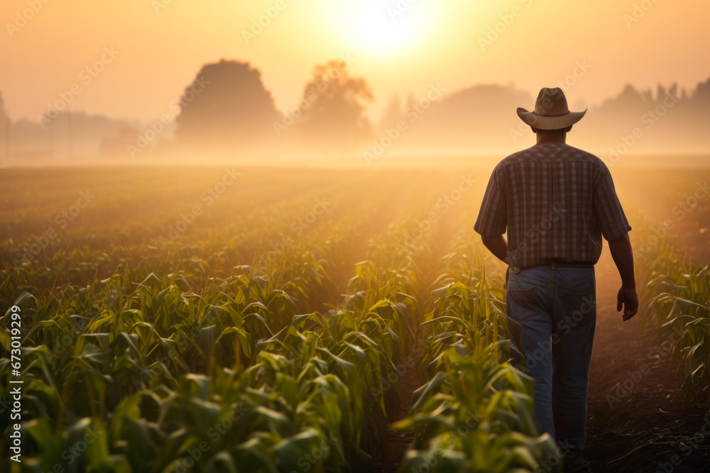 Rear view of a farmer at dawn while walking through a dew-kissed corn field towards distant grain silos, depicting rural life and agriculture