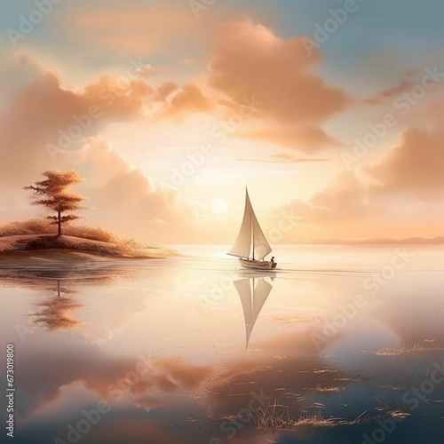 AI generated illustration of a painting of a sailboat in the tranquil waters of the ocean