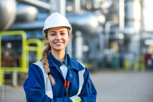 A portrait of smiling caucasian female engineer at an oil refinery. Overseeing operations, maintaining safety standards, and ensuring the efficient distillation of petroleum products © MVProductions