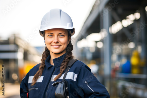 A portrait of smiling caucasian female engineer at an oil refinery. Overseeing operations, maintaining safety standards, and ensuring the efficient distillation of petroleum products
