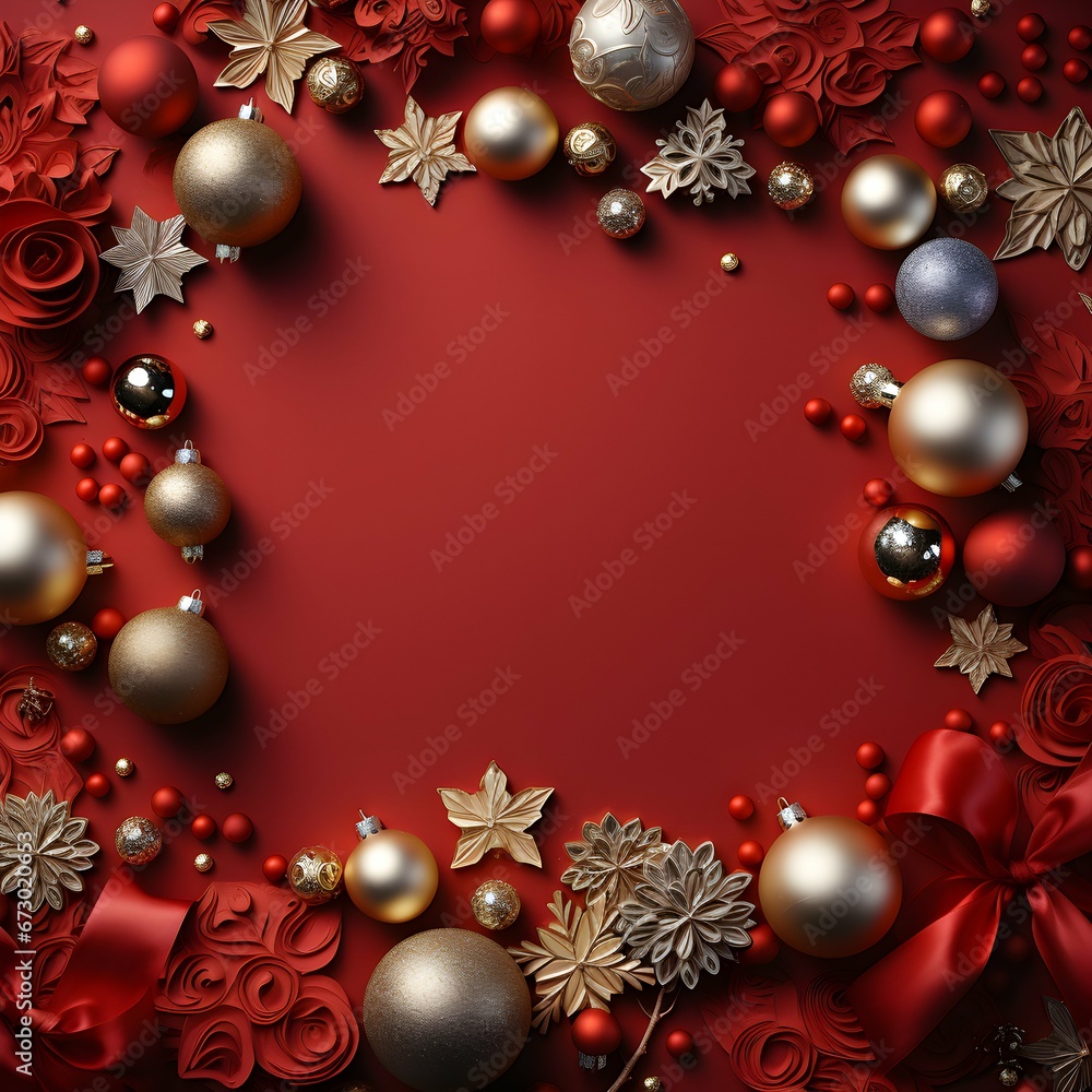 Christmas background, red Christmas background with giftboxes and baubles Christmas background, red Christmas background with giftboxes and baubles