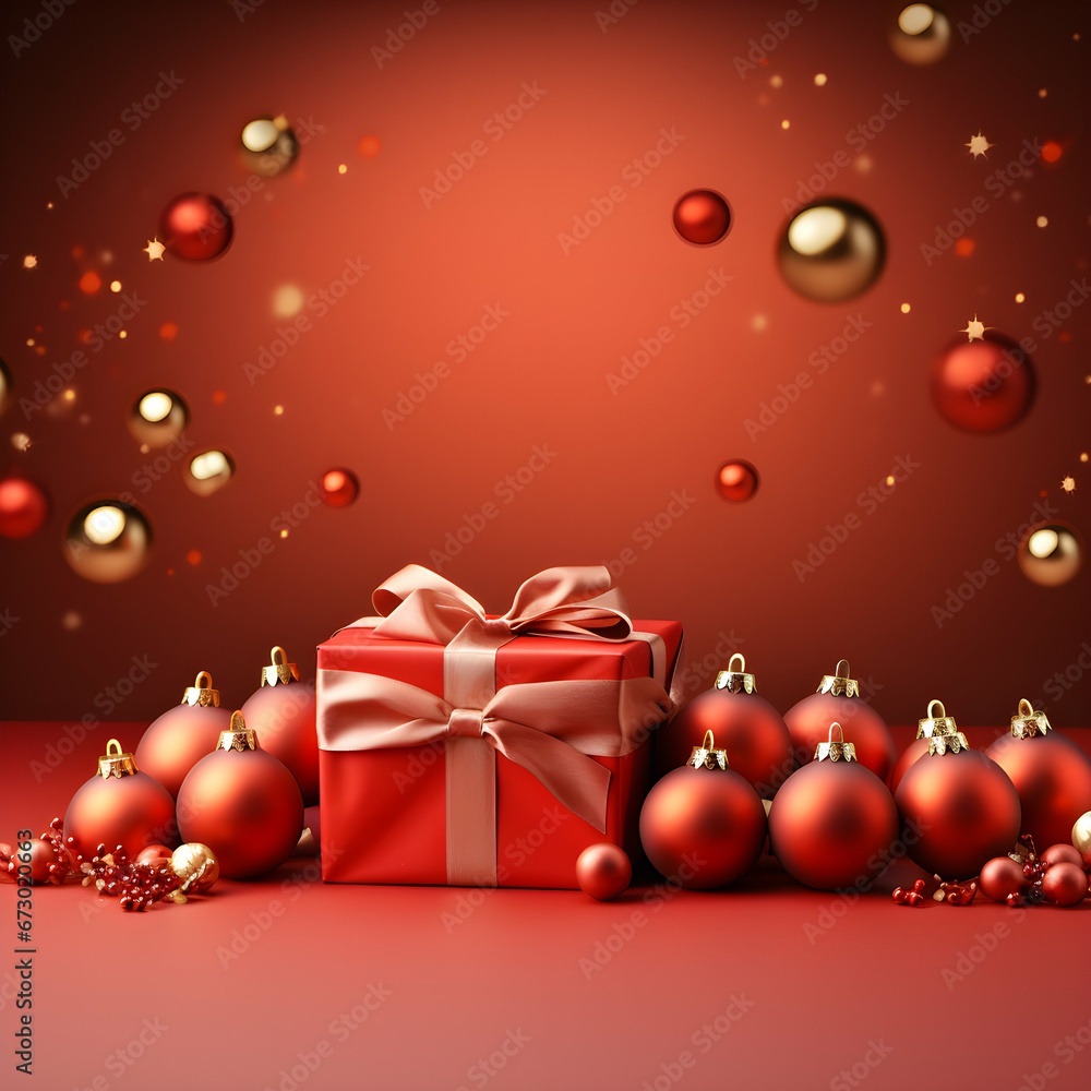 Fototapeta premium Christmas background, red Christmas background with giftboxes and baubles