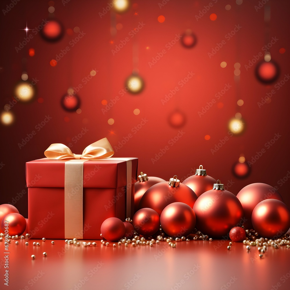 Christmas background, red Christmas background with giftboxes and baubles Christmas background, red Christmas background with giftboxes and baubles