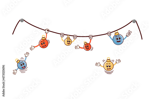 Christmas tree garland. Retro character in cartoon fashionable groovy style. The atmosphere is from the 60s and 70s. Merry Christmas and Happy New Year.