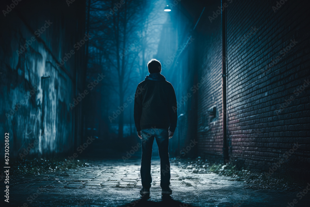 View from behind of a man standing in a dark alley at night. Concept of fear, suspense, thriller, and horror and suicide View from behind of a man standing in a dark alley at night. Concept of fear, suspense, thriller, and horror and suicide