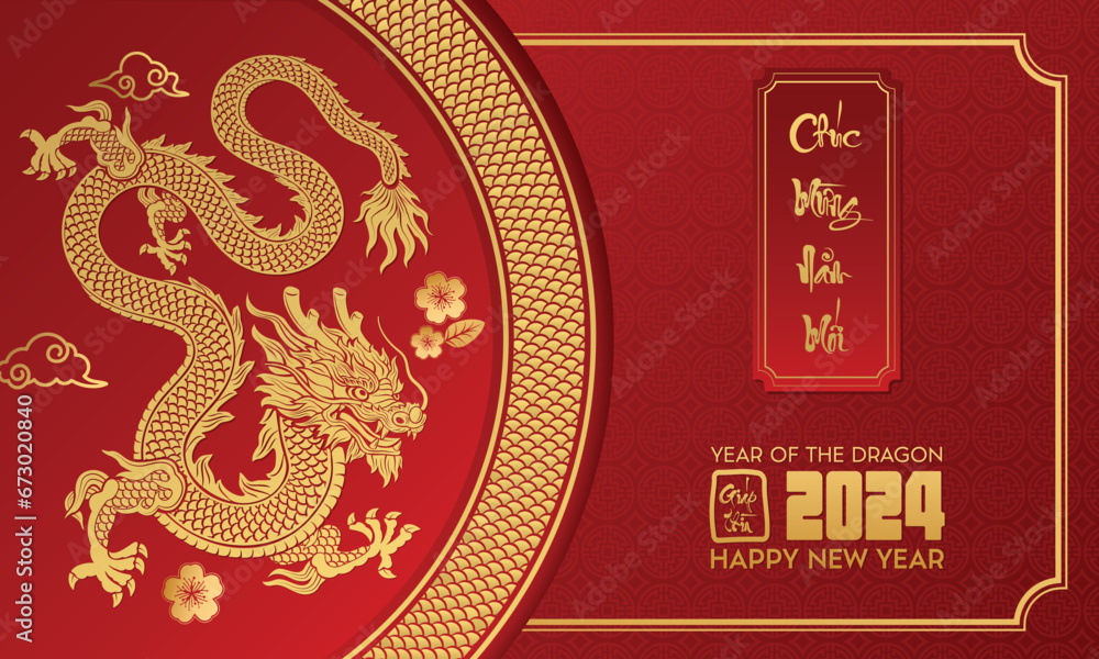 2024 Vietnamese new year, year of the dragon. Set of Vietnamese new