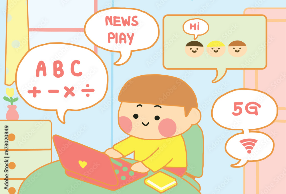 The kid use Desktop for learning and internet for comfortable in his life, illustration cartoon style. The kid use Desktop for learning and internet for comfortable in his life, illustration cartoon style.