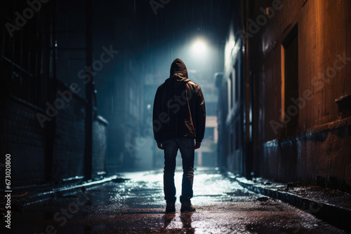 View from behind of a man standing in a dark alley at night. Concept of fear, suspense, thriller, and horror and suicide photo