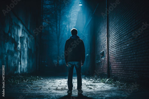 View from behind of a man standing in a dark alley at night. Concept of fear  suspense  thriller  and horror and suicide