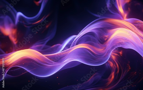 Abstract fluid wavy flow with purple and orange colors. Movement of liquid, gas or smoke dark background