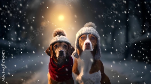 Winter Companions: Dogs in Woolen Hats Playing in Snow. AI generated illustration