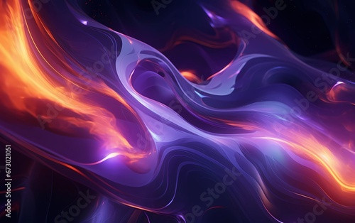 Abstract fluid wavy flow with purple and orange colors. Movement of liquid, gas or smoke dark background