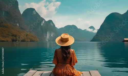 Female gazing at a Breathtaking Landscape Travel Concept. AI-generated © Wirestock