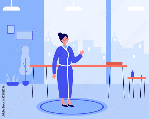 Woman in bathrobe waiting for massage in spa and wellness center. Flat vector illustration. Detox, relax, wellness retreat concept