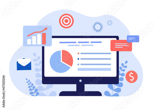 Huge computer monitor with emails, diagrams, graphs, feedback comments. Flat vector illustration. Effective business management concept
