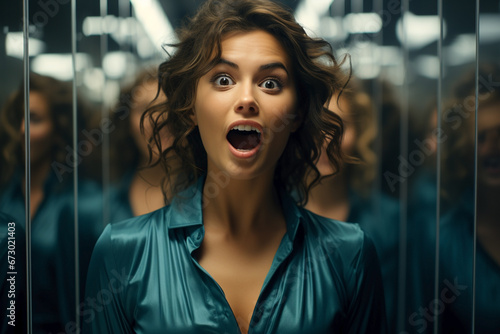 portrait of surprised woman looking in mirror photo