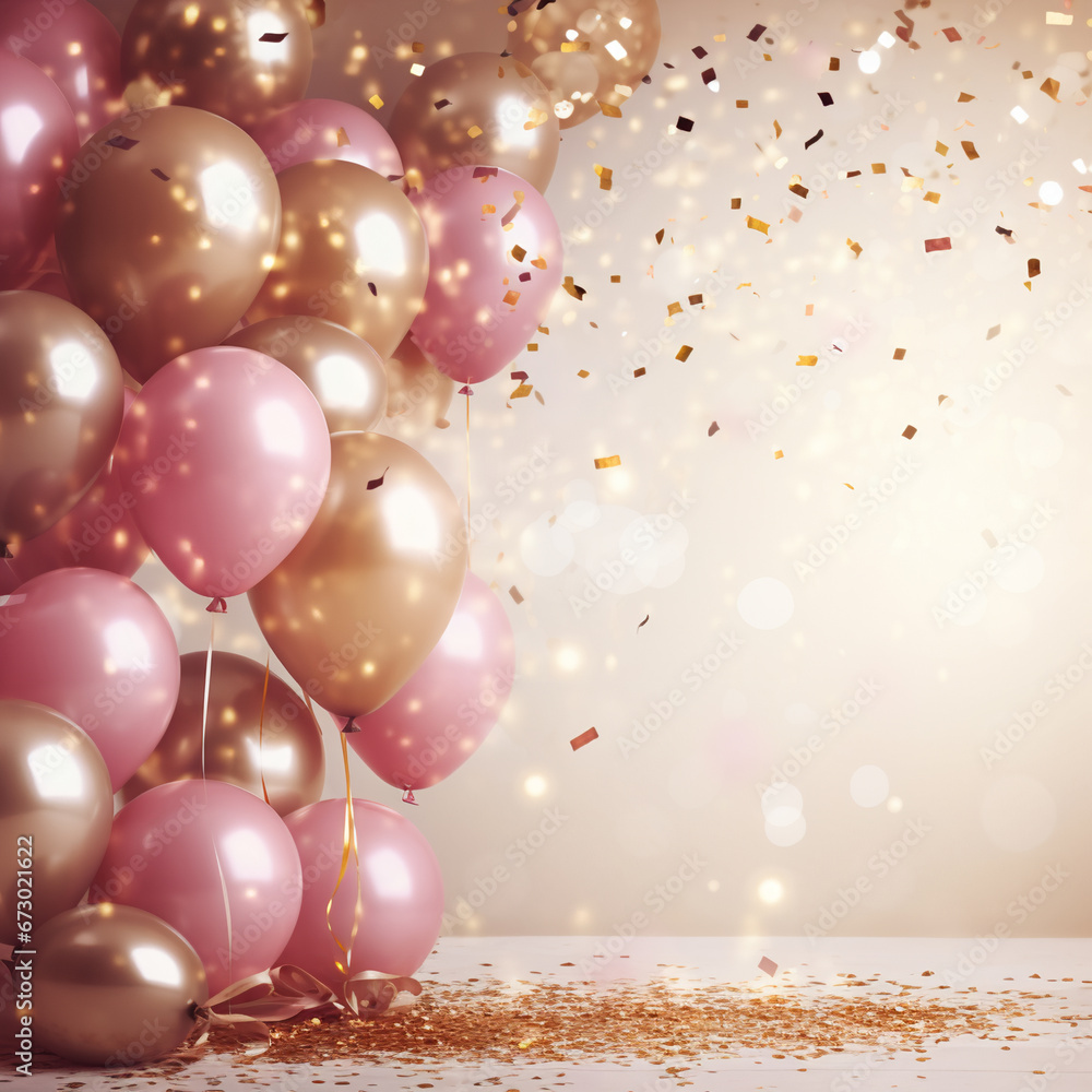 Holiday background with golden and pink metallic balloons, confetti and ribbons. Festive card for birthday party, anniversary, new year, Christmas or other events. big empty space. Generative AI. Holiday background with golden and pink metallic balloons, confetti and ribbons. Festive card for birthday party, anniversary, new year, Christmas or other events. big empty space. Generative AI.