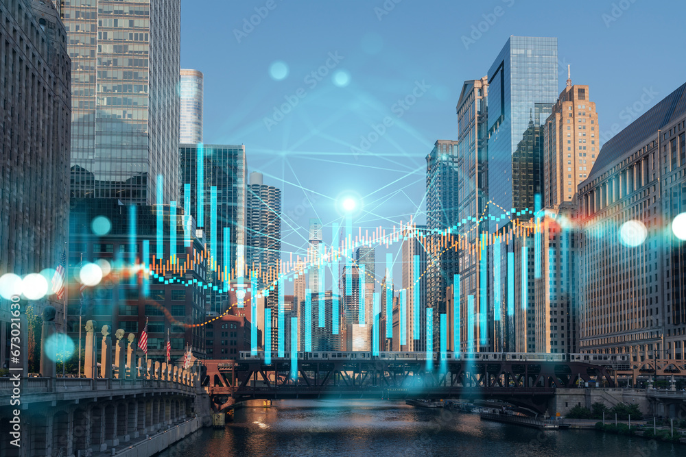 Skyscrapers Cityscape Downtown View, Chicago Skyline Buildings. Beautiful Real Estate. Day time. Forex Financial graph and chart hologram. Business education concept. - obrazy, fototapety, plakaty 