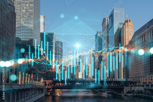 Skyscrapers Cityscape Downtown View, Chicago Skyline Buildings. Beautiful Real Estate. Day time. Forex Financial graph and chart hologram. Business education concept. photo