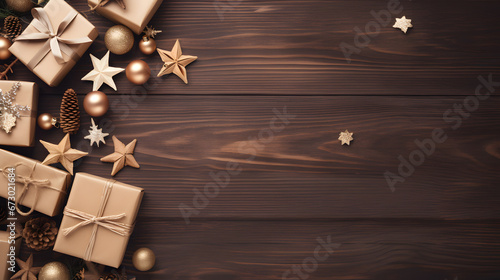 Christmas decoration accessories with a wooden background copy space