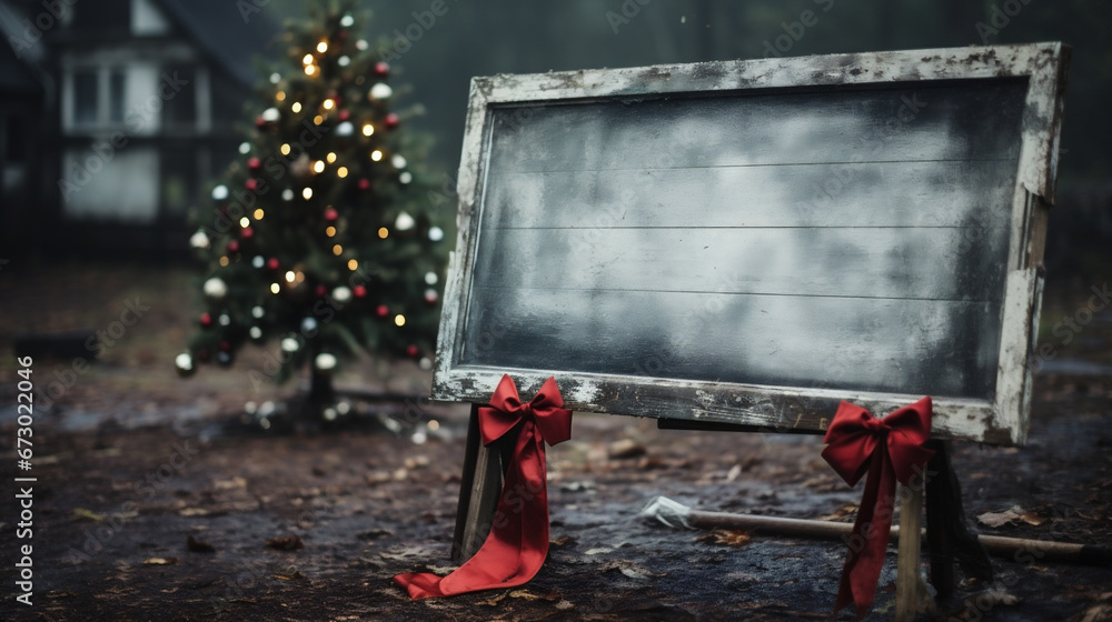 Fototapeta premium Blank blackboard with red ribbon and Christmas tree in the background