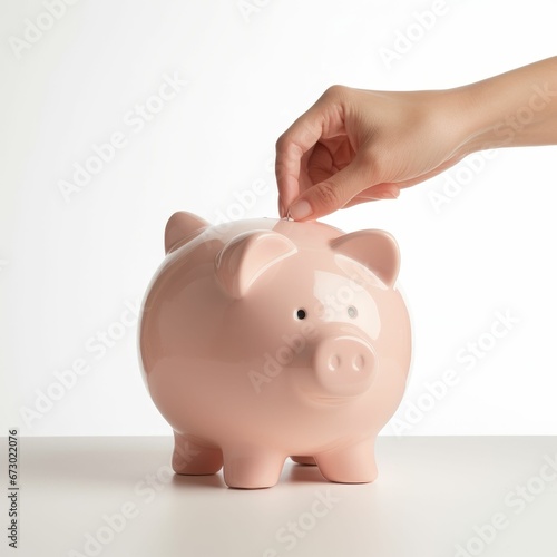 AI generated illustration of a hand putting a coin inside a pink ceramic piggy bank