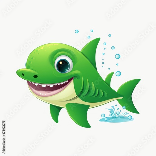 AI generated illustration of a cartoon green shark isolated on a white background