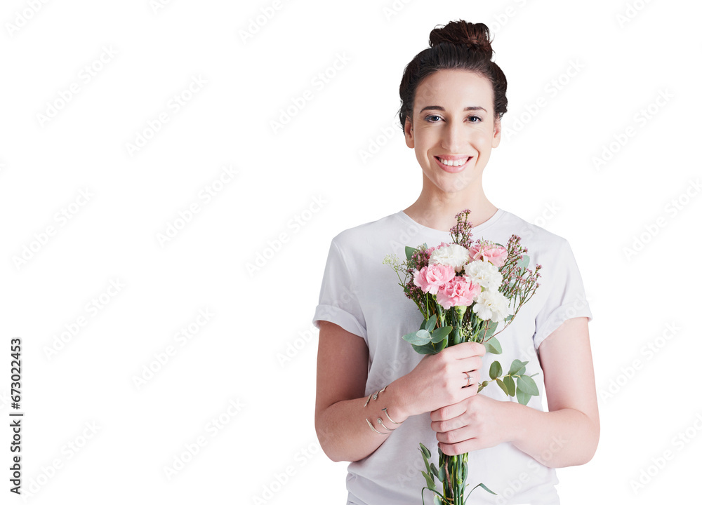 Portrait of happy woman with bouquet isolated on transparent png background with smile, love and gift. Giving, romance, and a bunch of flowers, face of girl with romantic reward or floral present. Portrait of happy woman with bouquet isolated on transparent png background with smile, love and gift. Giving, romance, and a bunch of flowers, face of girl with romantic reward or floral present.