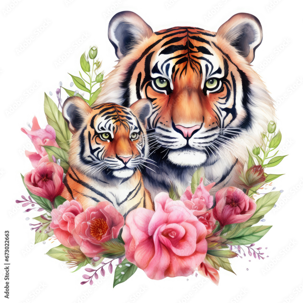 Cute mother tiger with baby with flowers Illustration, Generative Ai Cute mother tiger with baby with flowers Illustration, Generative Ai