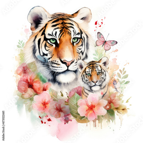 Cute mother tiger with baby with flowers Illustration  Generative Ai