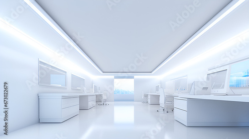  3d Rendering Office Room Images , An Empty Office With A White Ceiling And Desk Computer