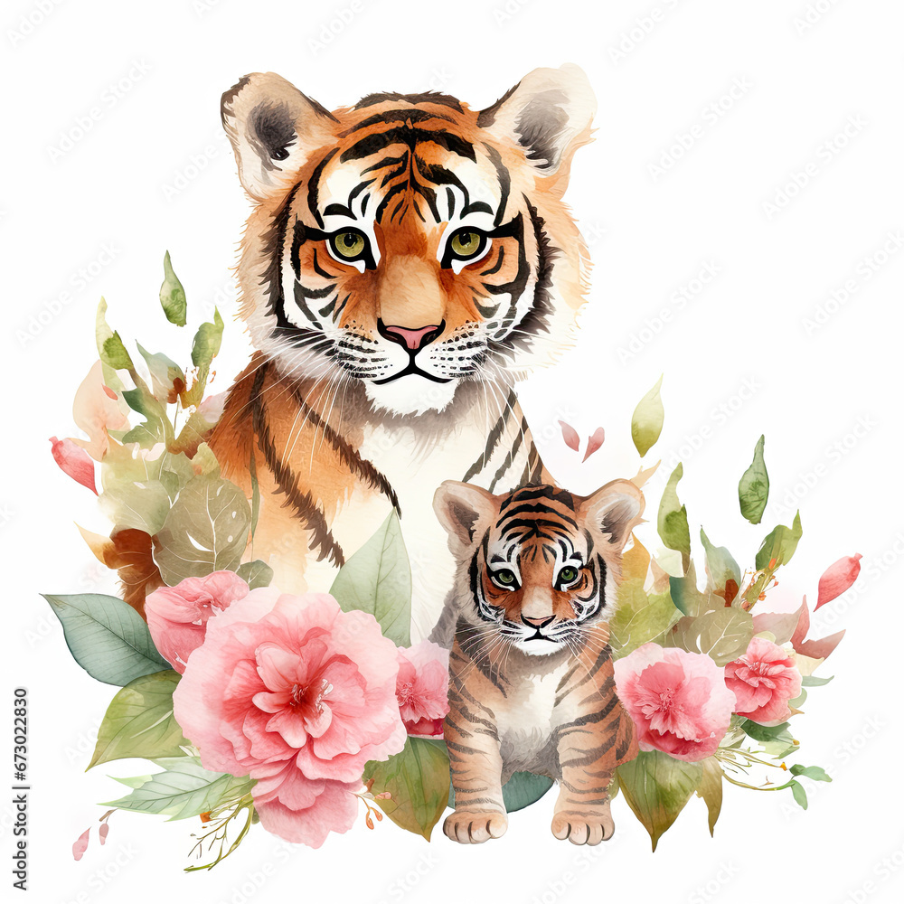 Cute mother tiger with baby with flowers Illustration, Generative Ai Cute mother tiger with baby with flowers Illustration, Generative Ai
